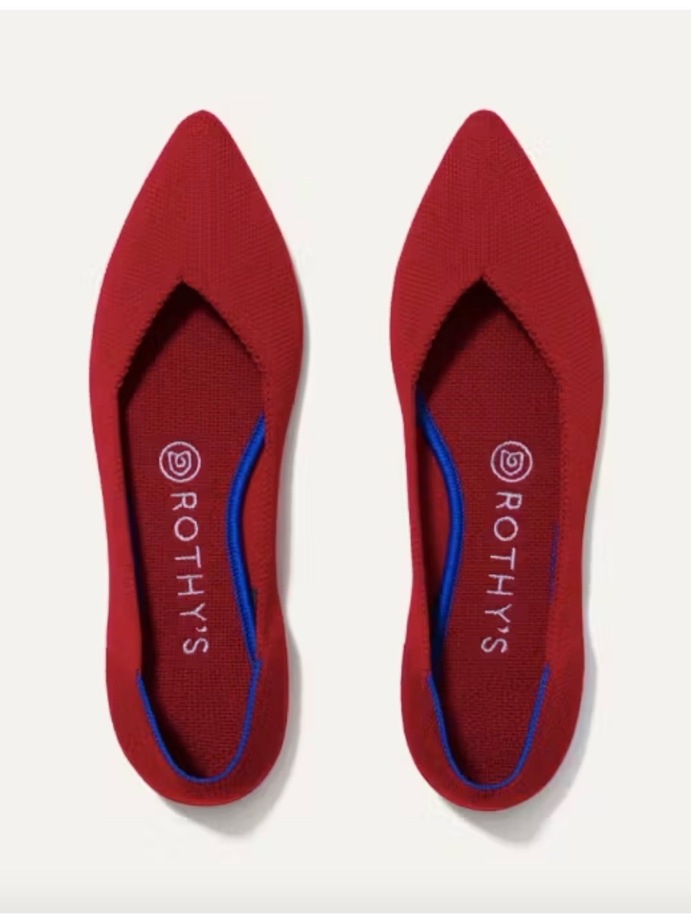 Rothy's Red Pointed Knit Flats with Blue Trim